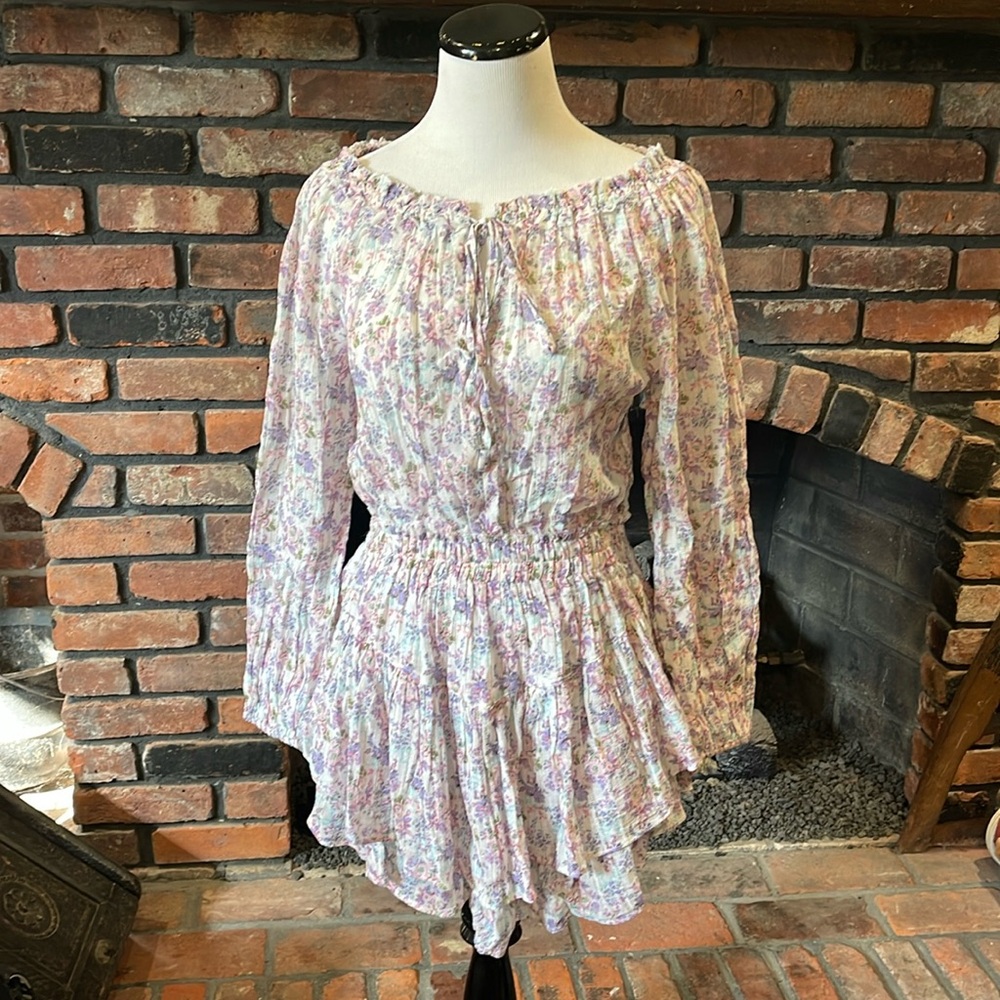 LOVESHACKFANCY OFF THE SHOULDER MINI DRESS LUREX FLORAL PRINT SIZE EXTRA SMALL